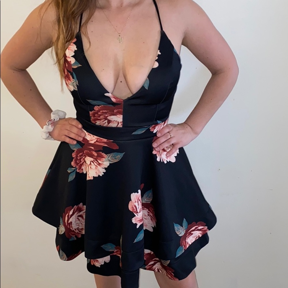 Black Flower Mini Dress with Black Lace Back